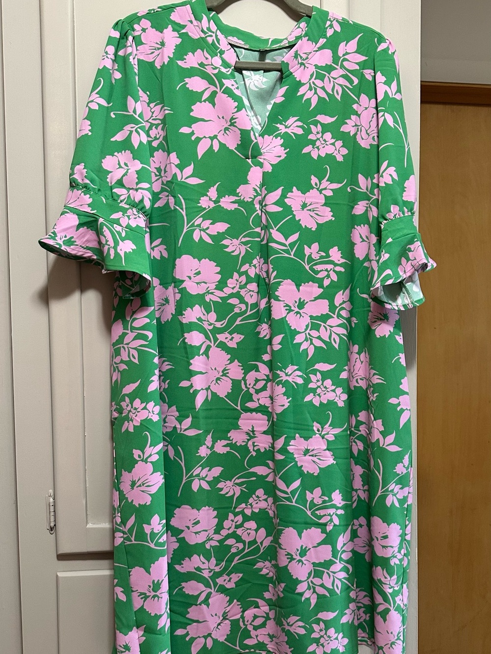 Amazon Green and Pink Floral V-Neck Midi Dress